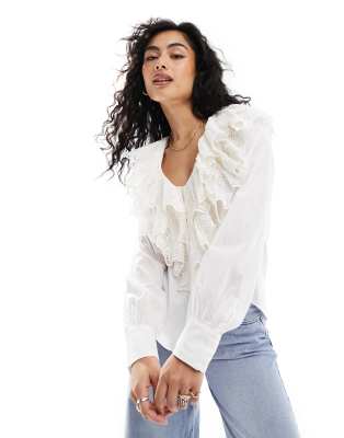 & Other Stories long sleeve relaxed blouse with v neck double ruffle detail in white