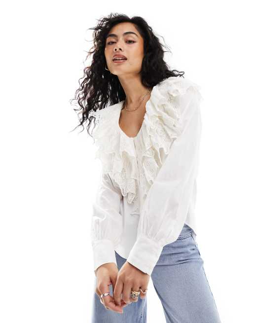 & Other Stories long sleeve relaxed blouse with v neck double ruffle ...