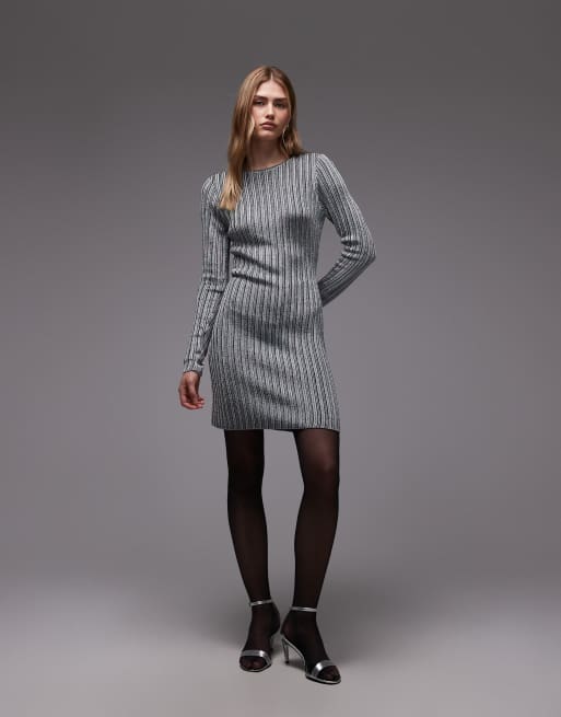 & Other Stories long sleeve rib jersey mini dress in black and silver, 3 of 4