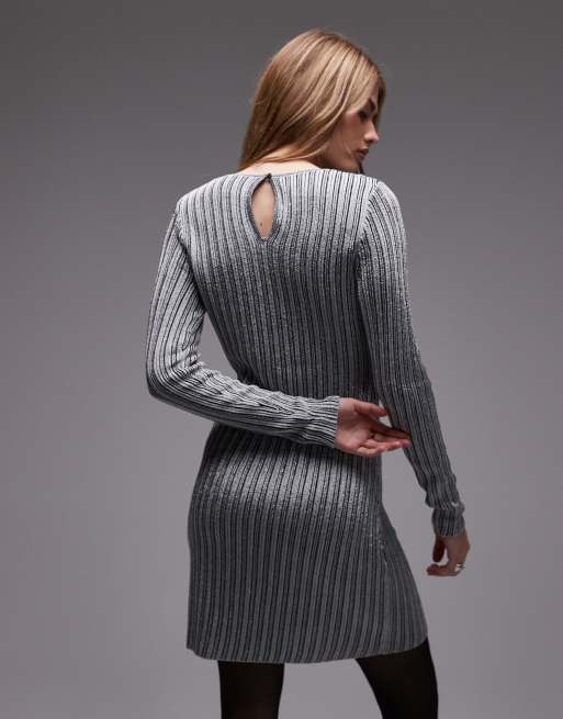 & Other Stories long sleeve rib jersey mini dress in black and silver, 4 of 4