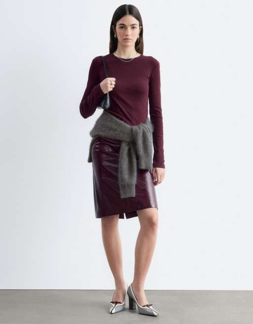 & Other Stories long sleeve rib top in dark red, 3 of 6