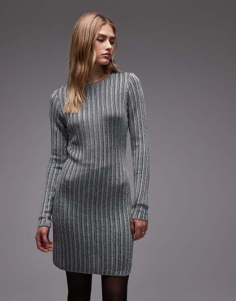 & Other Stories long sleeve ribbed jersey mini dress in black and silver - view 1