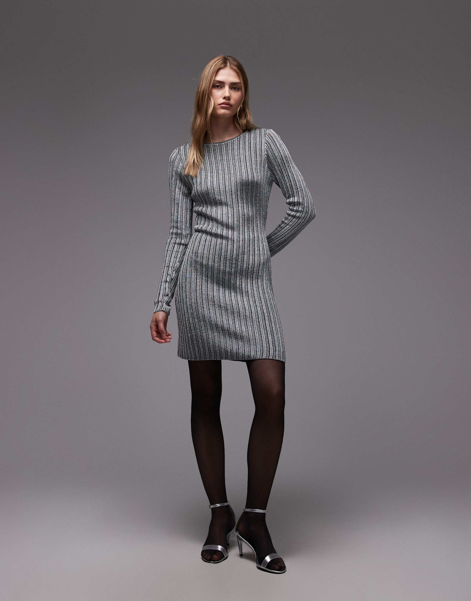& other stories long sleeve ribbed jersey mini dress in black and silver