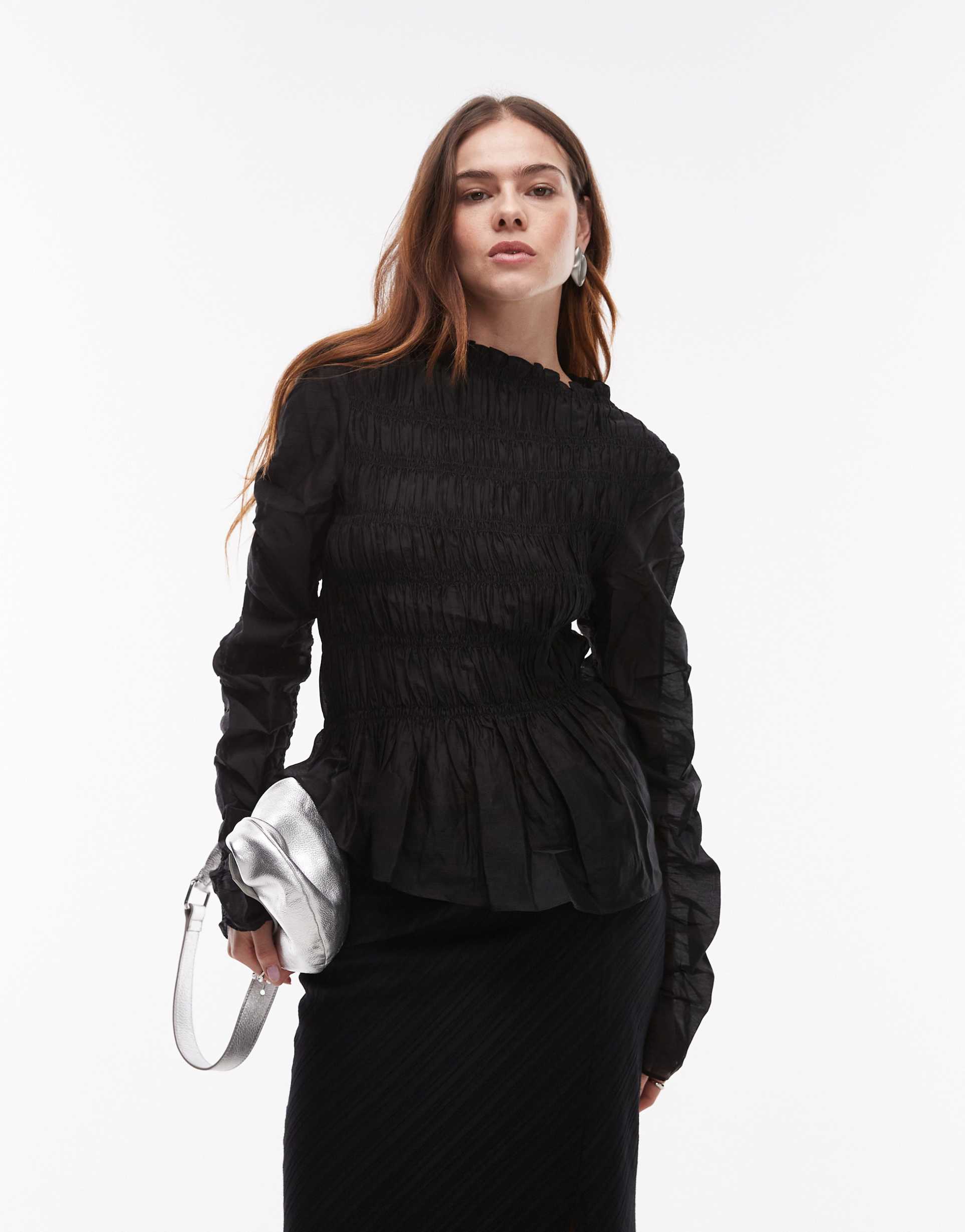 & other stories long sleeve ruched top in black