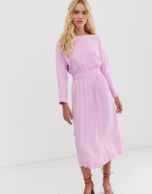& Other Stories long sleeve satin midi dress in pink | ASOS