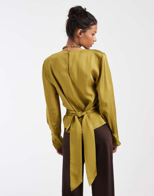 & Other Stories long sleeve shirt blouse with back tie in green, 4 of 4