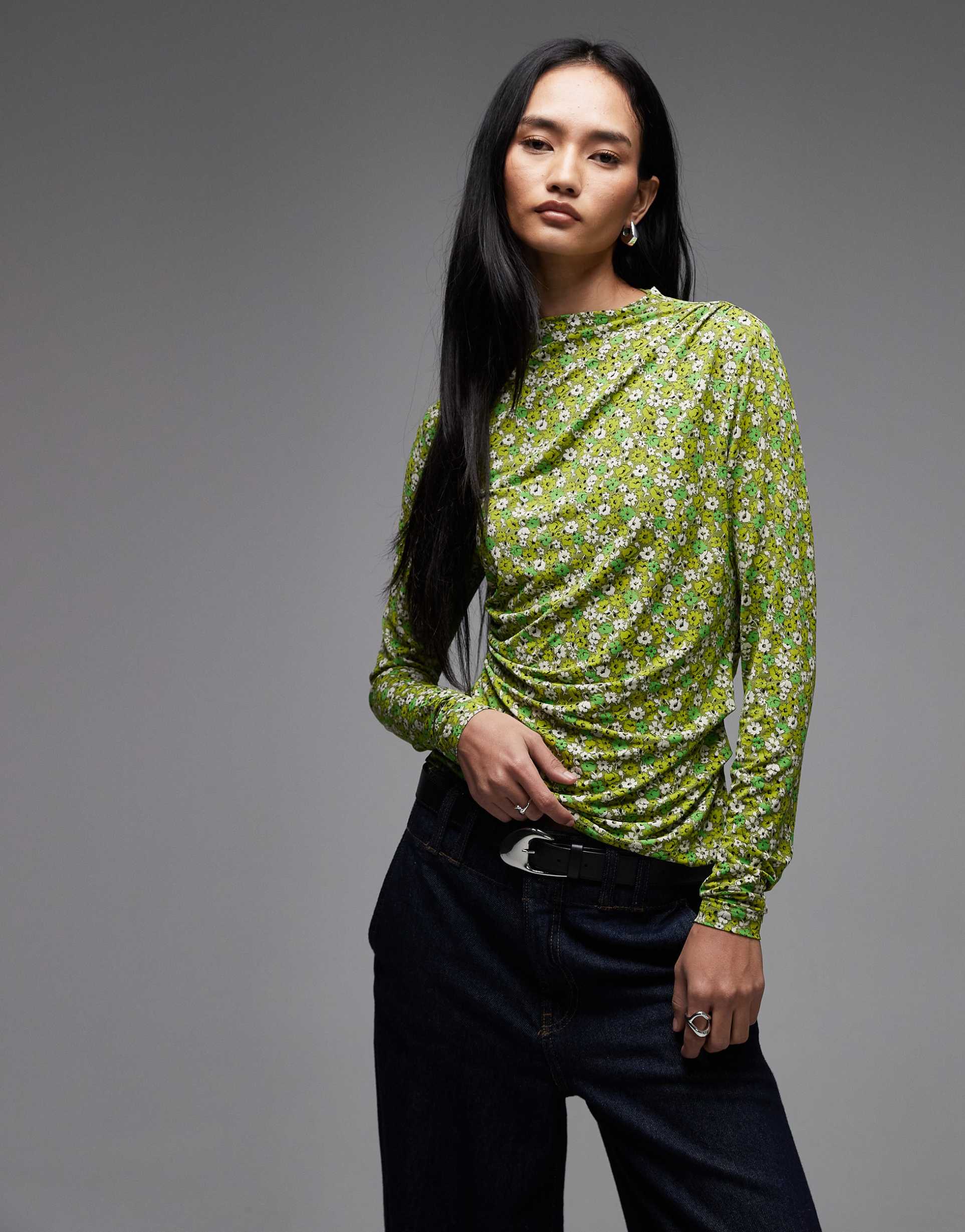 & other stories long sleeve slinky jersey top in green floral print