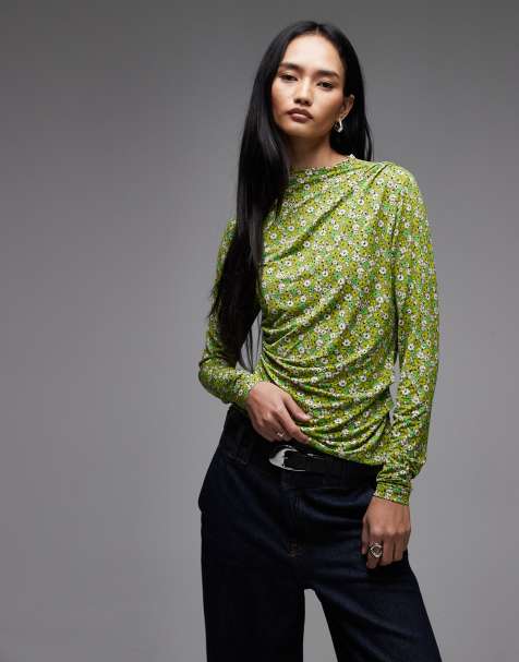 & Other Stories long  sleeve slinky jersey top in green floral print