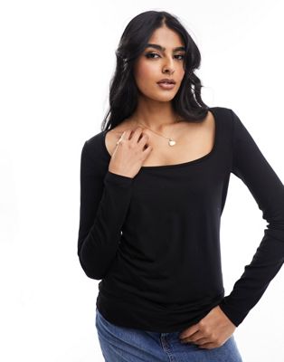 & Other Stories long sleeve square neck top in black