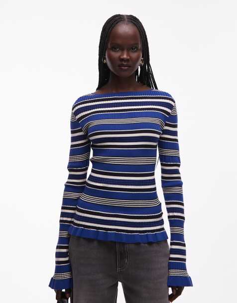 & Other Stories long sleeve lightweight knitted top with frill edge in blue stripe