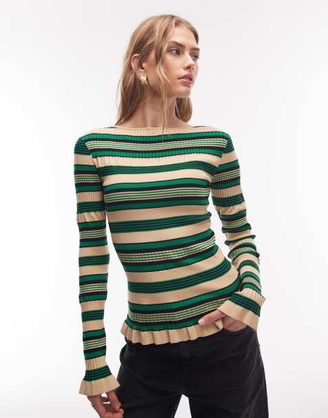 & Other Stories long sleeve lightweight knitted top with frill edge in green stripe