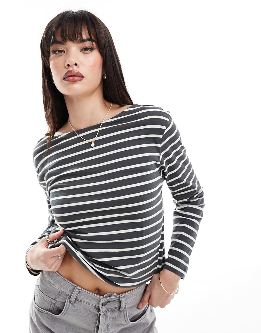 Other Stories &  Long Sleeve Top In Gray And White Stripes-multi