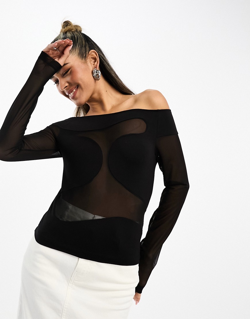 & Other Stories long sleeve top with cut out mesh detail in black