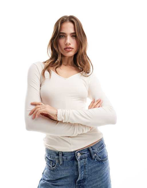 & Other Stories long sleeve v neck detail top in white beige