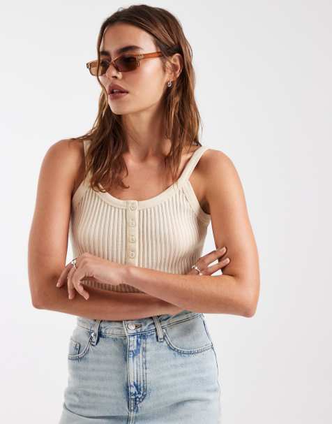 & Other Stories longline rib knit tank top with button details in beige - view 1