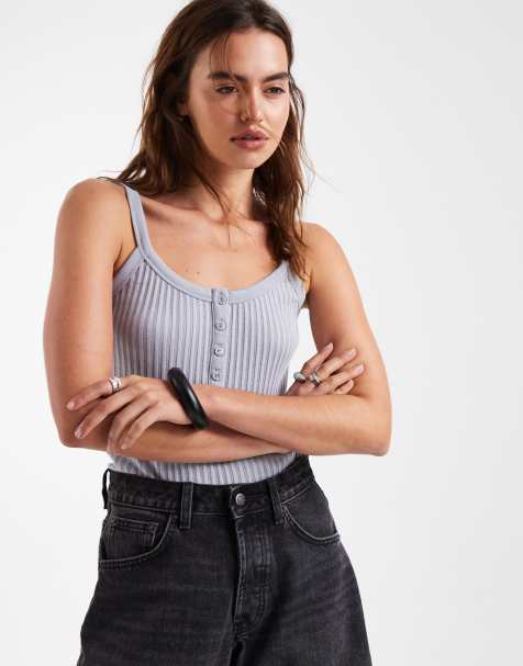 & Other Stories longline ribbed vest with button details  in light grey - view 1