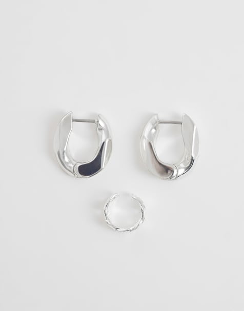 & Other Stories - Lot de boucles d'oreilles avec créoles torsadées et bijou d'oreille - Argenté - view 1