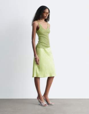 & Other Stories low waist bias cut midi skirt in soft lime green