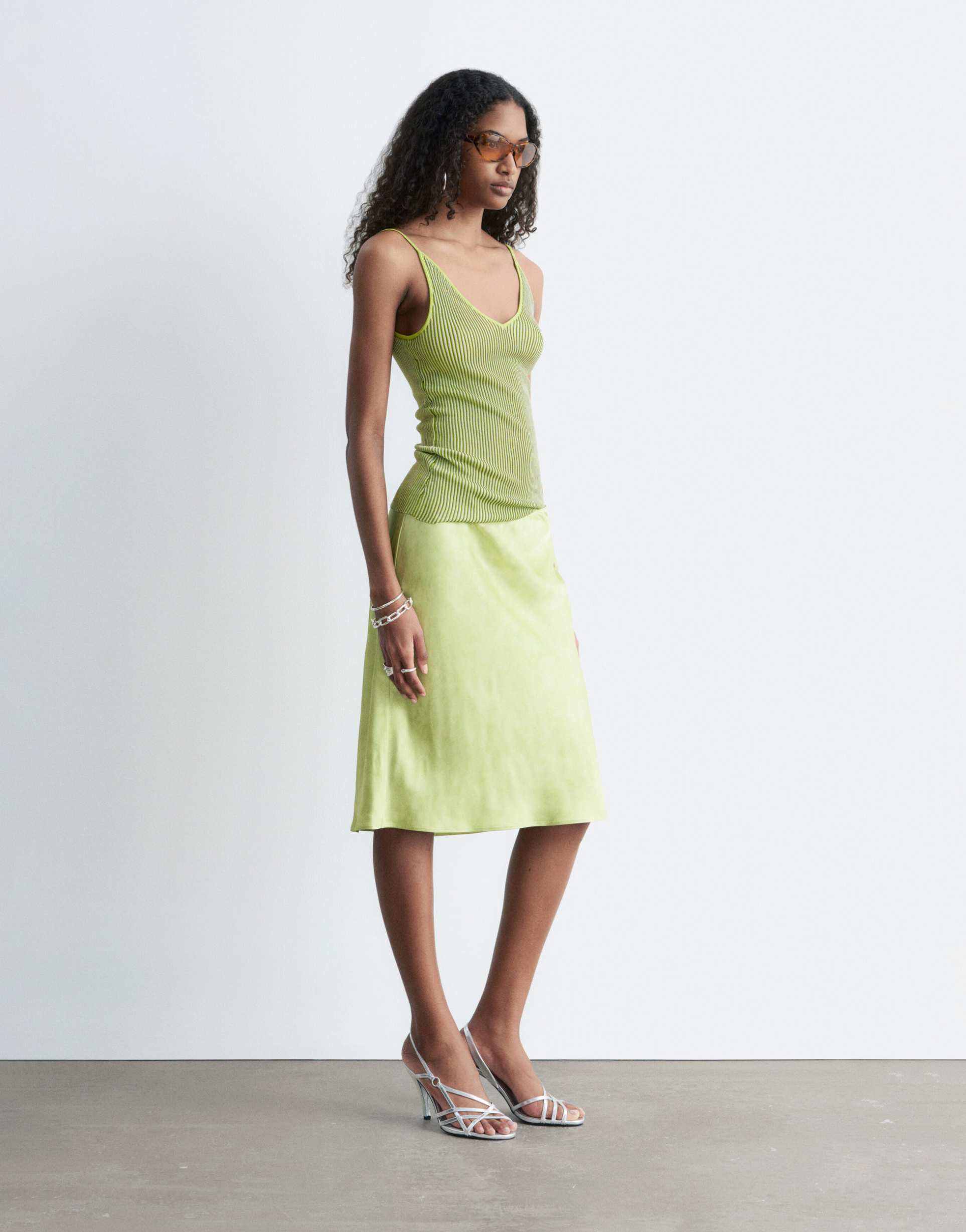 & other stories low waist bias cut midi skirt in soft lime green