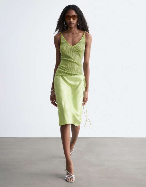 & Other Stories low waist bias cut midi skirt in soft lime green, 4 of 4