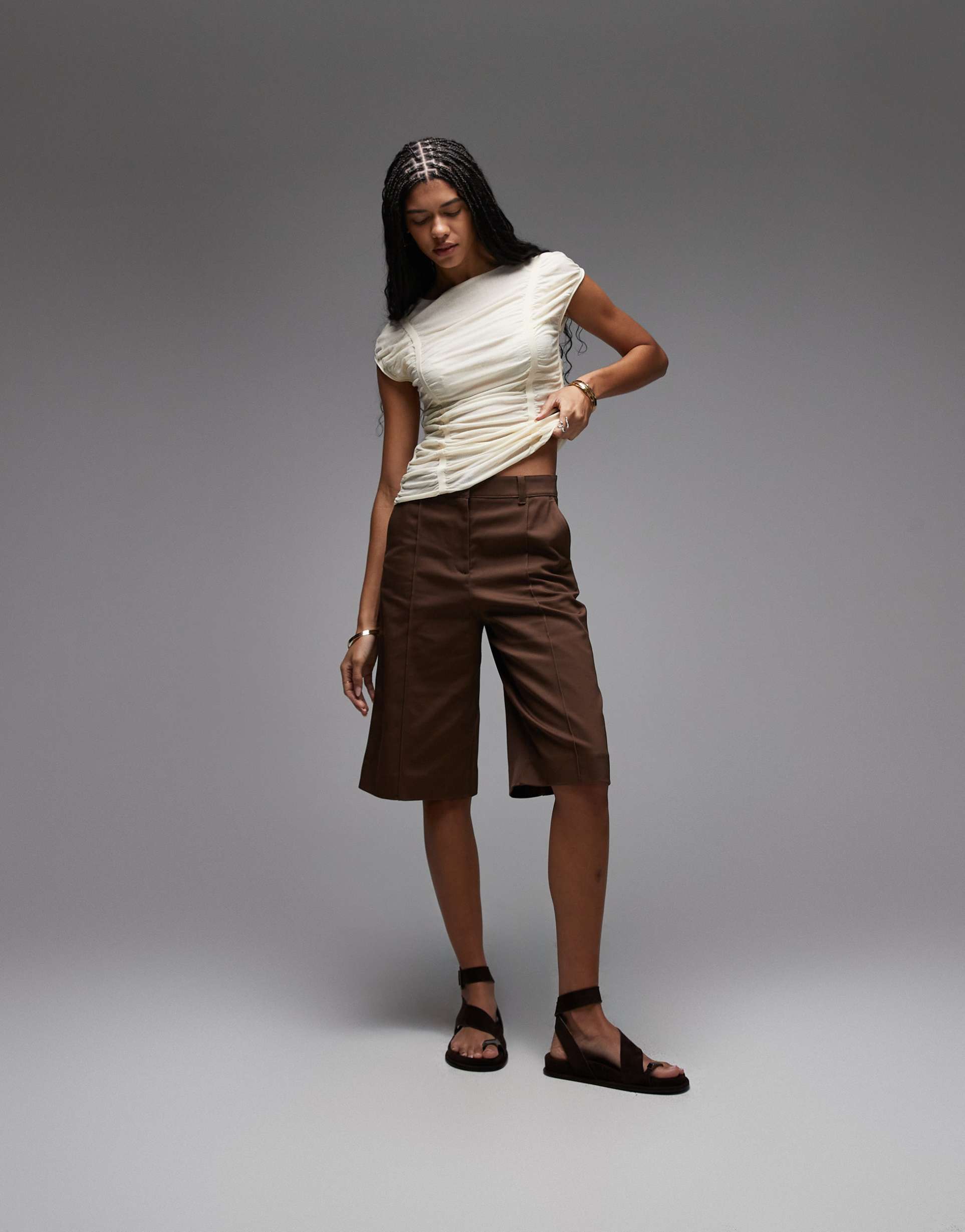& other stories low waisted cotton tailored bermuda shorts on chocolate brown