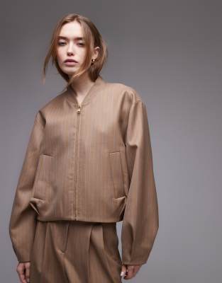 
Other Stories lux bomber jacket with zip front and pleats in beige stripes - part of a set-Neutral