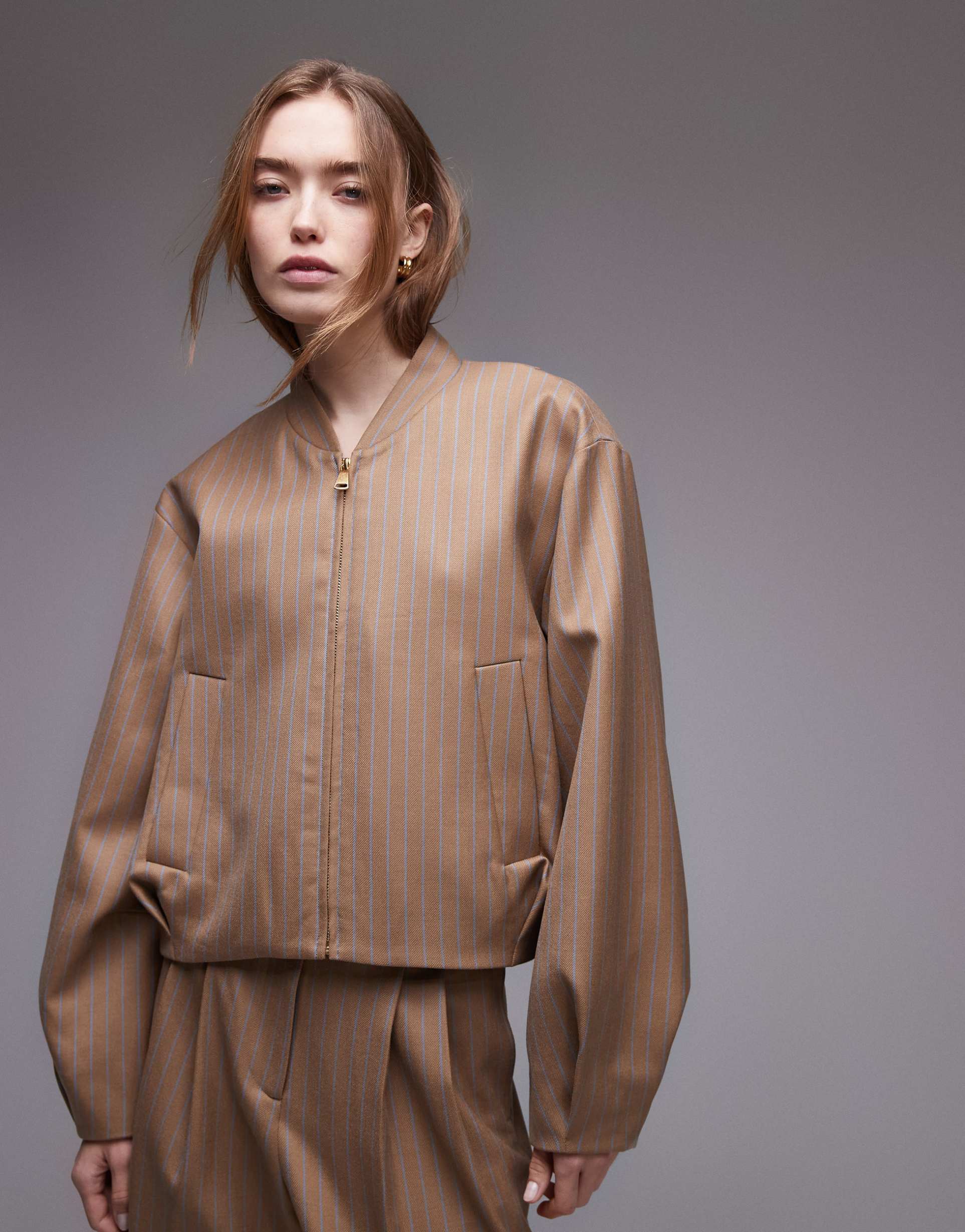 & other stories lux bomber jacket with zip front and pleats in beige stripes - part of a set