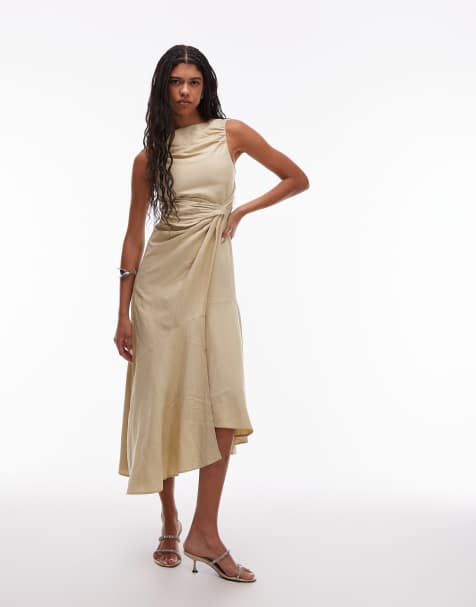 & Other Stories - Lysegul/beige midaxi-kjole med draperinger og asymmetrisk flagrende sømkant - view 1