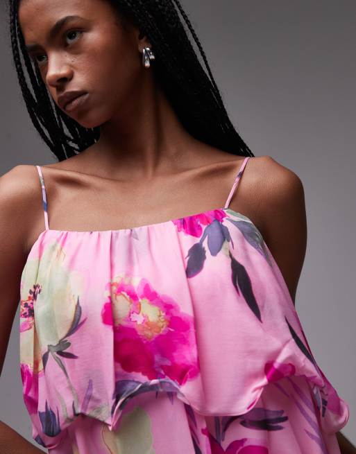 & Other Stories - Lyserød flagrende minikjole med stropper, offshoulder-snit og blomstermønster i chiffon, 2 af 4