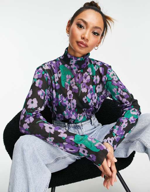 & Other Stories - Maglione a collo alto in tessuto stropicciato a fiori multicolore