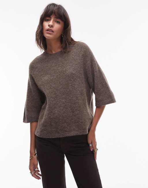 & Other Stories - Maglione a maniche corte in maglia di alpaca marrone color tortora