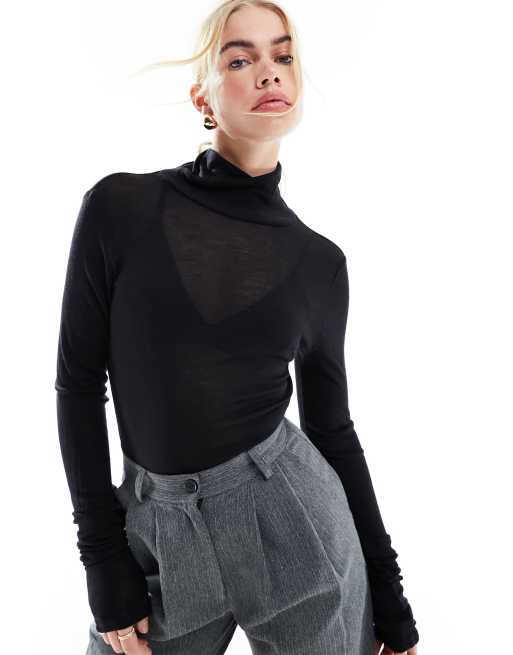 & Other Stories - Maglione a maniche lunghe in maglina nera con collo alto
