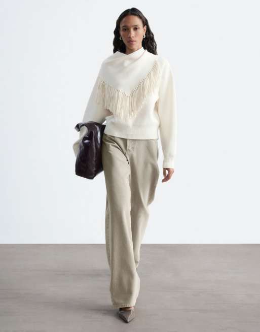 & Other Stories maglione con sciarpa con frange e maniche lunghe beige, 3 di 4
