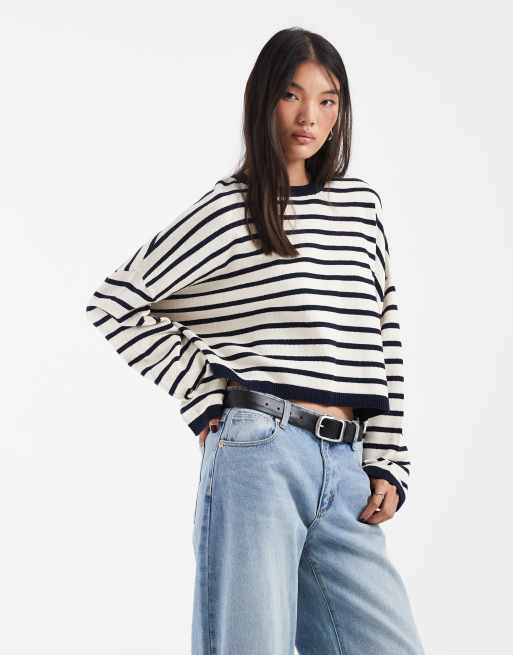 & Other Stories maglione corto oversize in cotone a righe navy