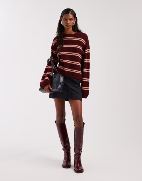 & Other Stories - Maglione in misto lana di alpaca morbidissimo bordeaux e rosa a righe con maniche ampie - view 1