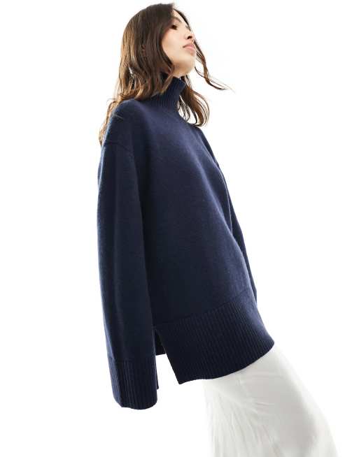 & Other Stories - Maglione oversize accollato in misto cotone e lana merino blu scuro, 4 di 4