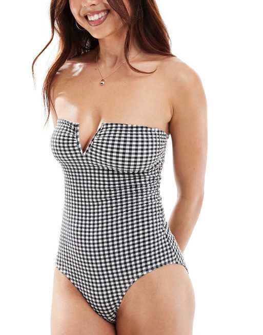& Other Stories - Maillot 1 pièce en V à carreaux vichy - Noir