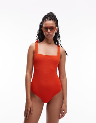 Maillot 1 pièce texturé à détail noué - Orange profond 36