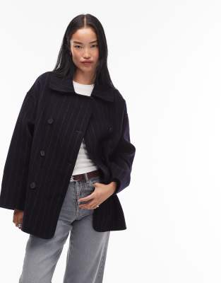 & Other Stories - Manteau court en laine avec fines rayures et double boutonnage - Bleu marine