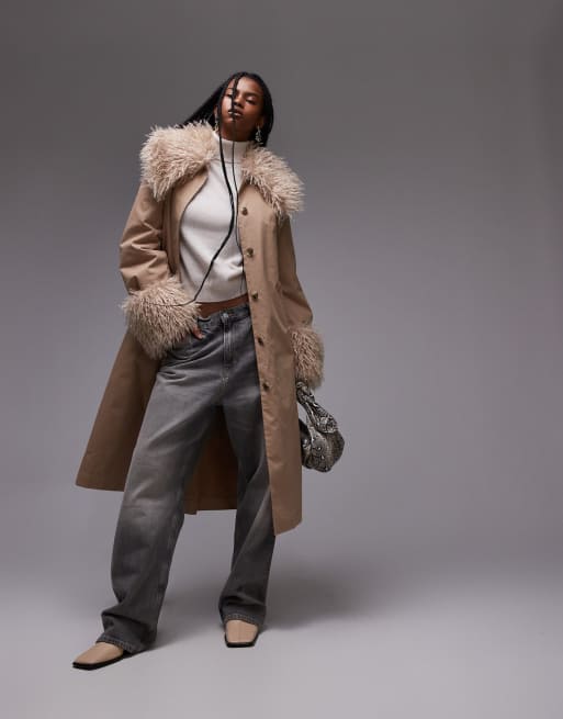 & Other Stories - Manteau mi-long à ceinture avec col et poignets amovibles en fausse fourrure - Beige foncé