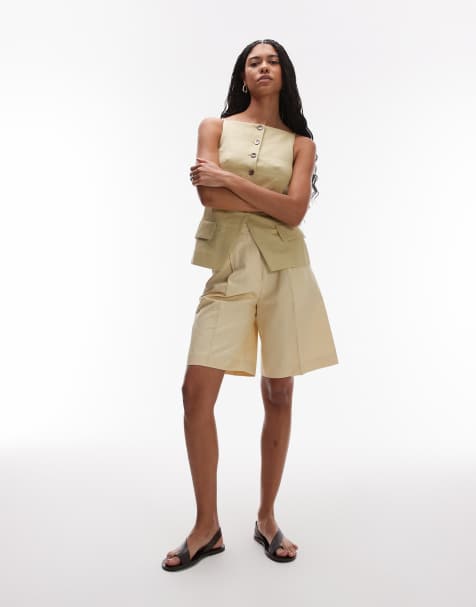 & Other Stories linen blend longline bermuda shorts with belt  in buttermilk yellow