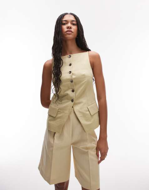 & Other Stories linen blend square neck waistcoat top in buttermilk yellow