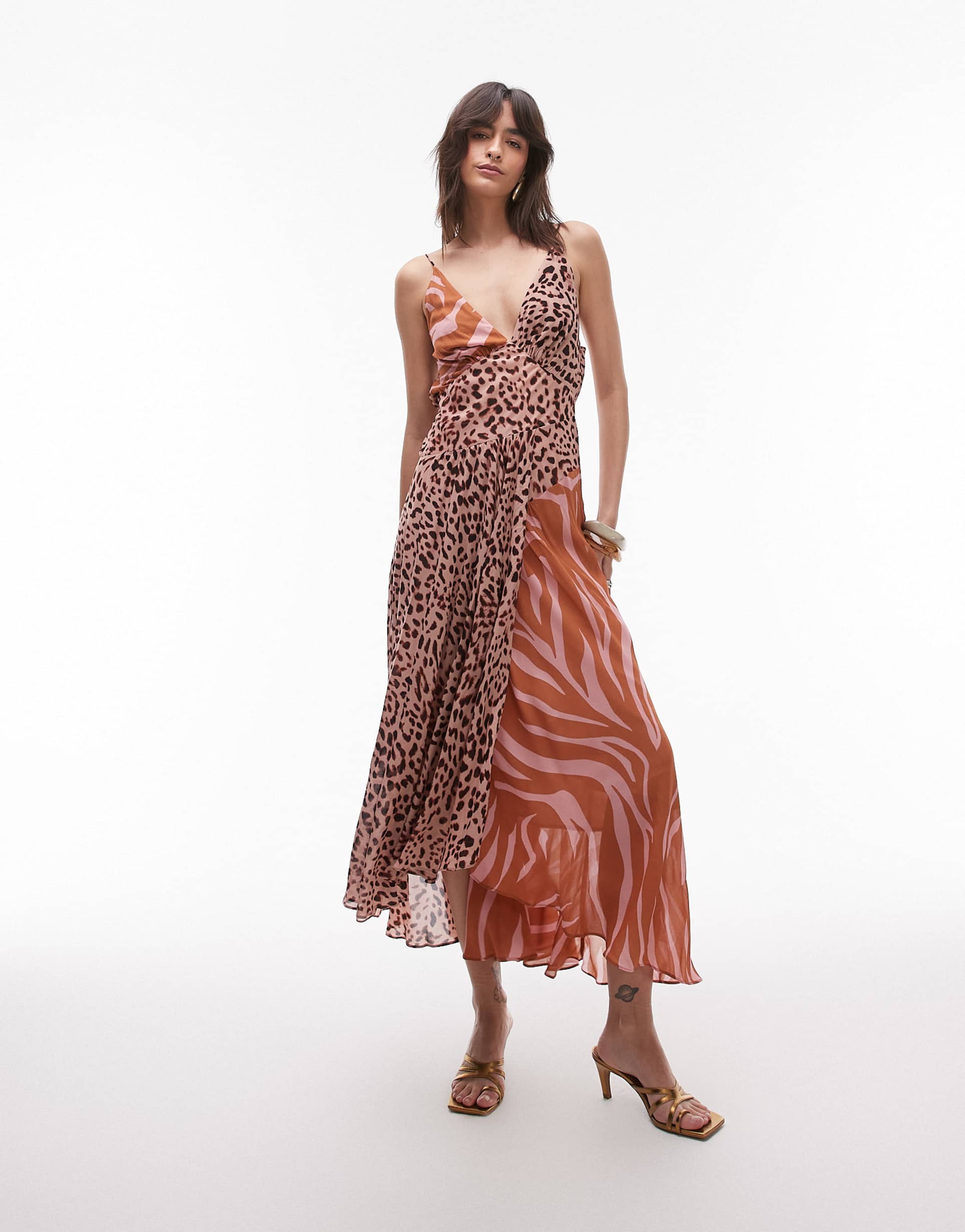 & other stories maxi dress with adjustable spaghetti straps and low cowl neck in mixed animal print