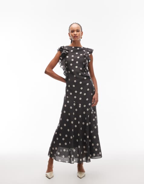 & Other Stories maxi dress with ruffle edging and low back in black dolka dot spot print