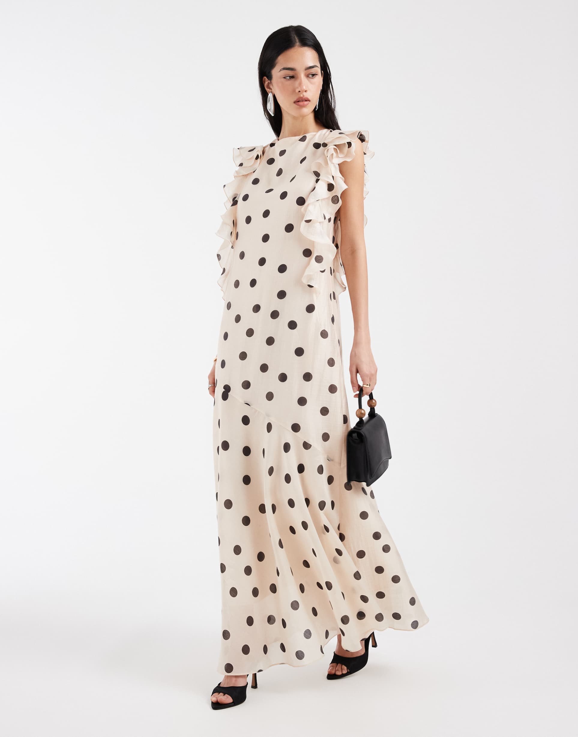 & other stories maxi dress with ruffle edging and low back in neutral polka dot print