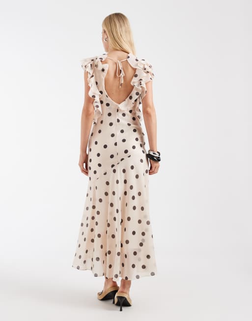 & Other Stories maxi dress with ruffle edging and low back in neutral polka dot print, 2 of 4