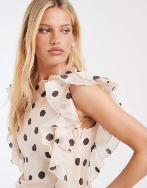 & Other Stories maxi dress with ruffle edging and low back in neutral polka dot print, 3 of 4