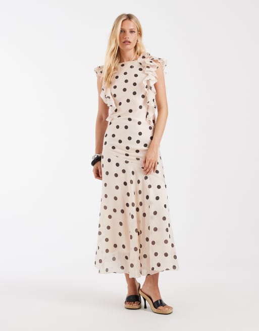 & Other Stories maxi dress with ruffle edging and low back in neutral polka dot print, 4 of 4