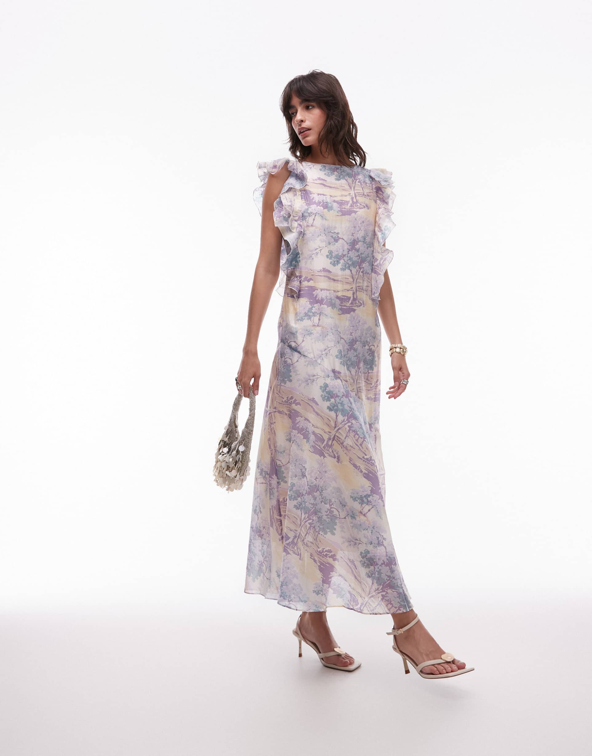 & other stories maxi dress with ruffle edging and low back in vintage landscape print