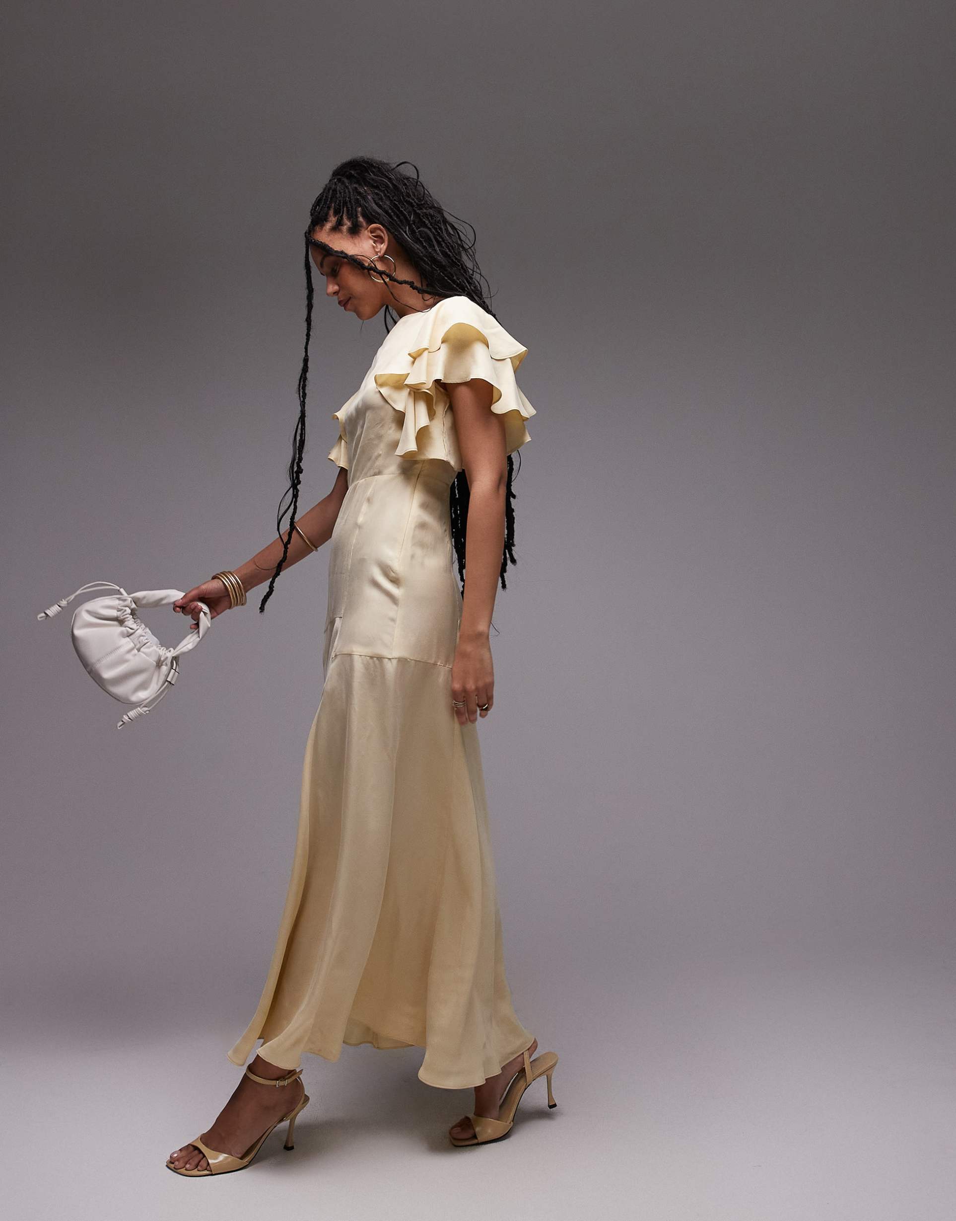 & other stories maxi dress with ruffle sleeves and open back in light butter yellow